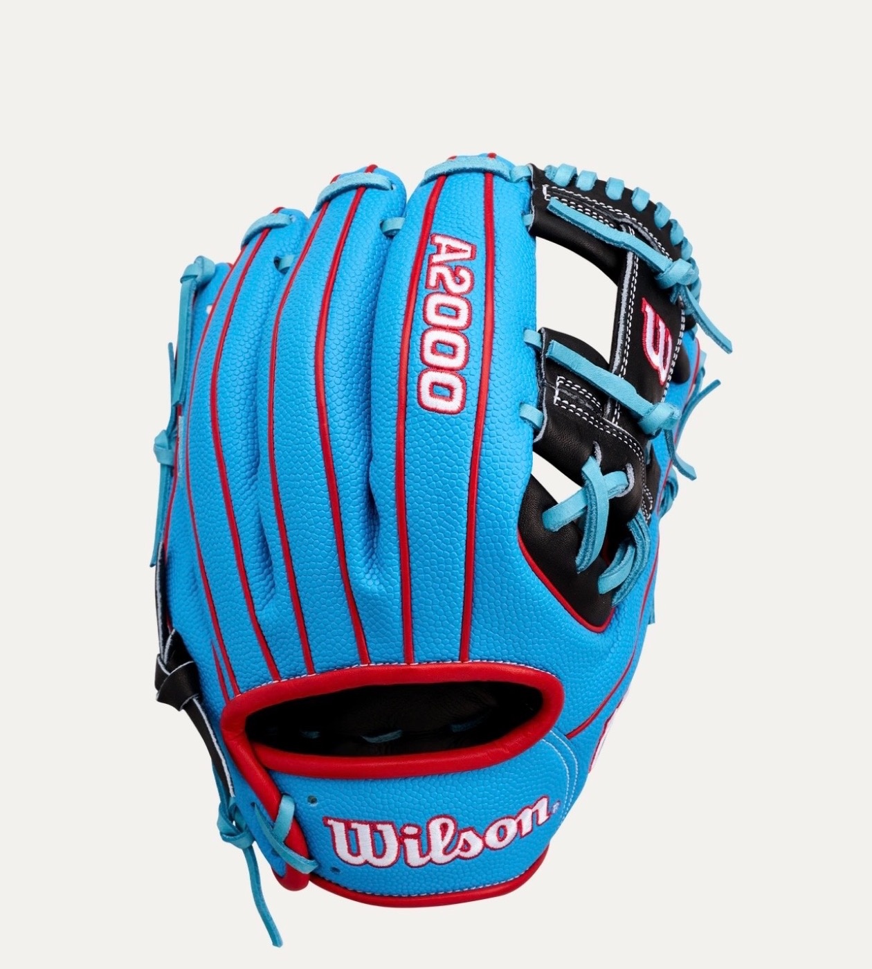 Wilson A2000 baseball glove, blue and red colorway