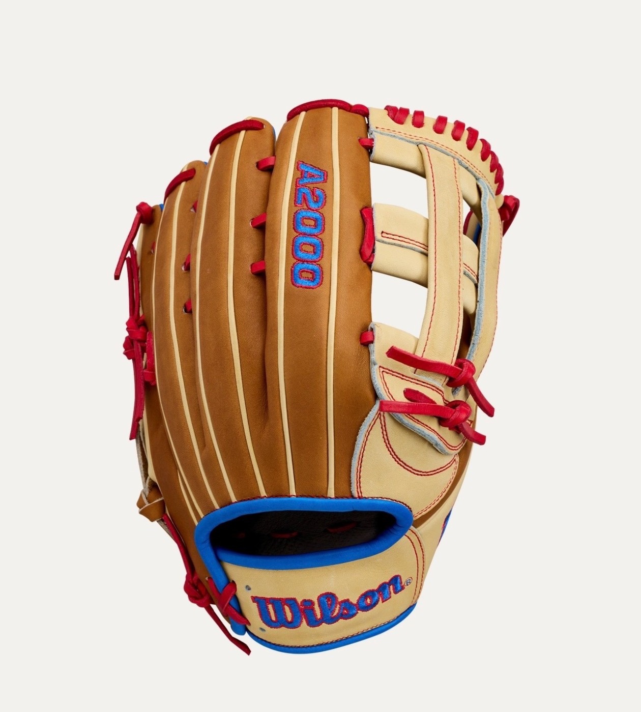 Wilson A2000 baseball glove, red white and blue colorway